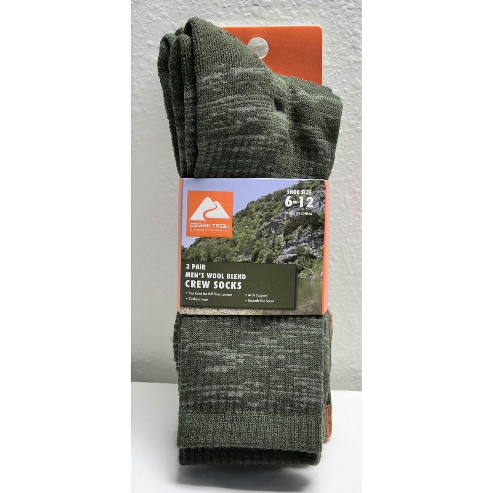 Men's Ozark Trail Wool Blend Crew Socks 3‎ Pair Size 6-12 Green